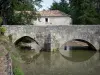 Poudenas - Vieux pont enjambant la rivière Gélise et ancien moulin en arrière-plan ; dans le Pays d'Albret