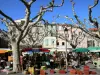 Prades - Marché sous les platanes de la place de l'église, et façades de la ville