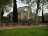 Prieuré de Saint-Cosme - Vestiges de l'église, arbres, chaises en bois et pelouse du jardin