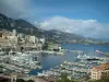 Principauté de Monaco - Port de Monaco avec ses bateaux, yachts et bateaux de croisière, puis bâtiments et montagne en arrière-plan