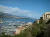 Principauté de Monaco - Partie du Rocher de Monaco avec son port et ses yachts en contrebas, puis montagne en arrière-plan