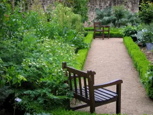 Priorado de Saint-Cosme - Beco com cadeiras de madeira e plantas de jardim