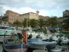 Propriano - Port et ses bateaux, alignement de palmiers et maisons de la station balnéaire