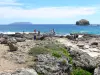 Punta de los Castillos - Caminantes que atraviesan el sitio salvaje de la punta de los Castillos, Océano Atlántico, Roche, y la isla de Désirade fondo