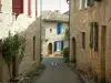 Puycelsi - Ruelle avec des colombes et maisons en pierre décorées de fleurs