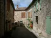 Puycelsi - Maisons en pierre avec des pots de fleurs et ciel nuageux