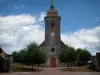 Ray-sur-Saône - St. Pancras kerk en de klokkentoren van de geglazuurde tegels, bomen en wolken in de blauwe hemel