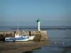 Ré island - Rivedoux-Plage port: moored trawlers (boats) at ebb tide, sea, key birds and sea (Breton strait) in background