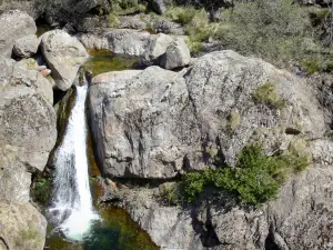 Regionaler Naturpark der Ardèche-Berge - Kleiner Wasserfall gesäumt von Felsgestein