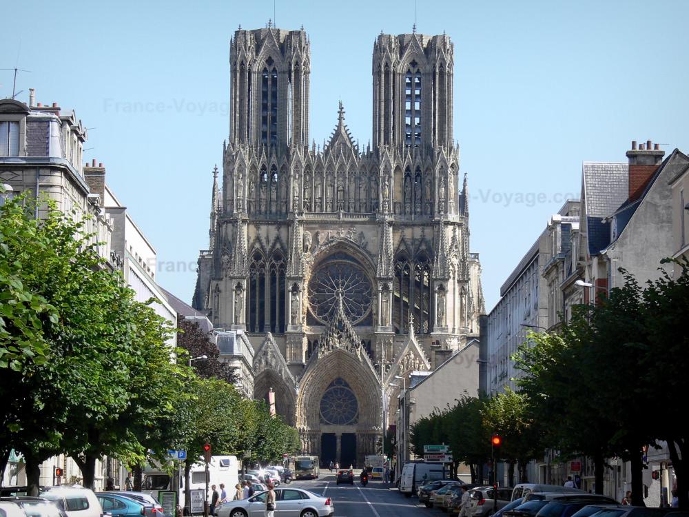Reims - Cathédrale Notre-Dame de style gothique, rue bordée d'arbres et de bâtiments