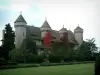 Ripaille castle - Castle with four towers and park with trees, lawns and flowerbeds