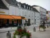 La Roche-Posay - Station thermale : maisons, terrasse de café, commerces, rue, plantes et fleurs en bacs