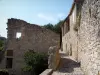 La Roque-sur-Cèze - Ruine, ruelle étroite pavée et façade d'une maison en pierre