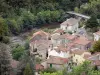 La Roque-Sainte-Marguerite - Vue sur les toits du village et la rivière Dourbie bordée d'arbres