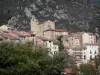 Roquebrun - Igreja e casas da aldeia, árvores, no vale Orb, no Parque Natural Regional do Haut-Languedoc