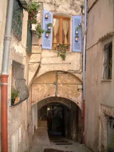 Roquebrune-Cap-Martin - Calleja, porche y una ventana con persianas azules decoradas con macetas