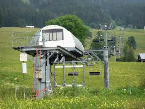 Les Rousses - Ski resort in the summer: chairlift (ski lift), wild flowers, alpine pastures, trees and spruces; in the Upper Jura Regional Nature Park