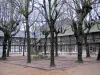 Ruão - Aître Saint-Maclou: pátio interno com árvores, calvário e edifícios em enxaimel