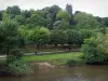 Saint-Aignan-sur-Cher - Rivière (le Cher), rive avec des tables de pique-nique, promenade (allée) et arbres (vallée du Cher)