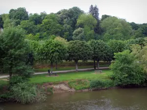 Saint-Aignan-sur-Cher - River (Cher), el banco con mesas de picnic, ir a pie (ruta) y árboles (Cher valle)