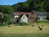 Saint-Amand-de-Coly - Maisons du village, bottes de paille dans un champ et arbres, en Périgord noir