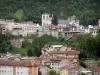 Saint-Claude - Saint-Pierre cathedral, Grand Pont bridge, houses and buildings of the city, trees; in the Upper Jura Regional Nature Park