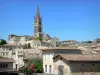 Saint-Émilion - Monolithic church, bell tower overlooking the houses of the medieval town 