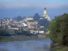 Saint-Florent-le-Vieil - Abdijkerk, huizen van de stad, rivier de Loire en bomen aan de rand van het water (Val de Loire)