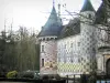Saint-Germain-de-Livet城堡 - 在Pays d'Auge的房子与釉面砖和石头（棋盘），护城河与天鹅和树木的门面
