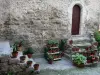 Saint-Guilhem-le-Désert - Gevel van een stenen huis, kleine trappen versierd met potten van planten