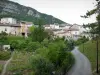 Saint-Nazaire-en-Royans - Parque Natural Regional de Vercors: estrada arborizada que leva às casas de Saint-Nazaire-en-Royans