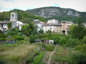 Saint-Nazaire-en-Royans - Regionaal Natuurpark van de Vercors: uitzicht op de huizen van het dorp en het romaanse belfort van de kerk Saint-Nazaire omgeven door bomen