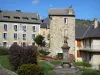 Saint-Nectaire - Town hall, fountain and houses in the village of Saint-Nectaire-le-Haut, in the Auvergne Volcanic Regional Nature Park, in the Monts Dore mountain area 