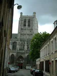 Saint Omer - Rua, alinhado, com, casas, e, torre, de, catedral notre-dame