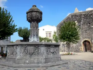 Saint-Saturnin - Renaissance Brunnen, Bäume und Häuser des Dorfes