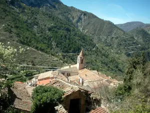 Sainte-Agnès - Blick auf die Dächer und den Kirchturm der Kirche, Berge bedeckt mit Wäldern im Hintergrund