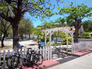 Les Saintes - Lugar de Terre -de - Haut con árboles y bancos, bicicletas eléctricas en el primer plano