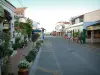 Les Saintes-Maries-de-la-Mer - Rue bordée de restaurants et de maisons blanches ornées de fleurs et de plantes
