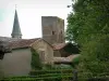 Salles - Arbres, haies, maisons en pierre, donjon et clocher de l'église du village