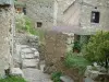 Sant'Antonino - Petit escalier en pierre, plantes, fleurs et maisons en pierre du village (en Balagne)