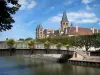 Guide de la Saône-et-Loire - Paray-le-Monial - Pont fleuri enjambant la rivière Bourbince, tours carrées et clocher octogonal de la basilique du Sacré-Coeur, alignement d'arbres, nuages dans le ciel bleu