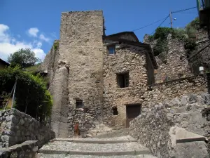 Saorge - Alley scala, in pietra e la torre del borgo medievale