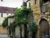 Sarlat-la-Canéda - Casas del casco antiguo medieval con fachadas decoradas con rosas trepadoras (Roses), en el Périgord