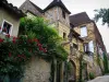 Sarlat-la-Canéda - Escalada rosas (rosas) y las casas de la antigua ciudad medieval, en el Périgord