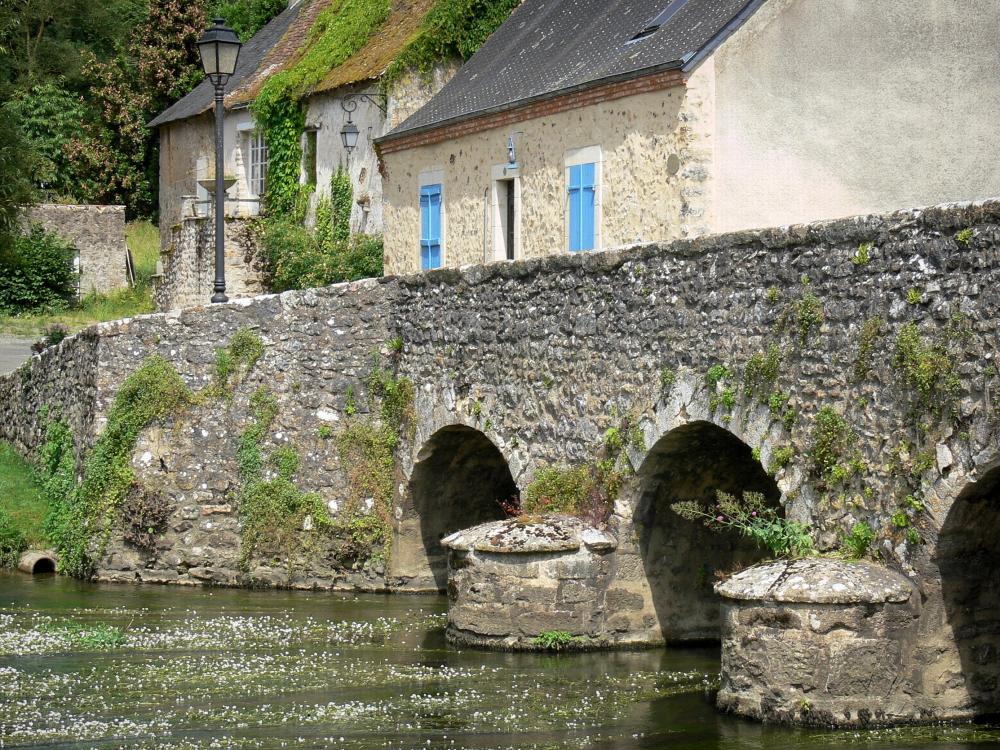 Guide de la Sarthe - Asnières-sur-Vègre - Vieux Pont de style roman enjambant la rivière Vègre, et maisons du village médiéval
