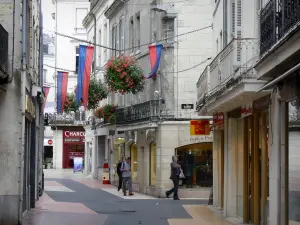 Saumur - Häuser und Boutiquen der Strasse Saint-Jean, Fähnchen und Blumen