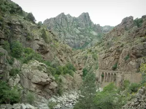 Scala di Santa Regina - Gorges: rocky granite outcrops dominating the Golo torrent (river), bridge, trees and vegetation