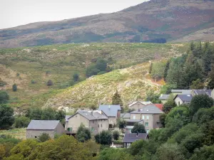 Schluchten der Dourbie - Häuser eines Weilers, Bäume und Berge; in den Cevennen