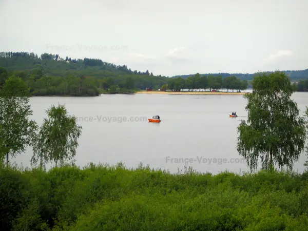 See von Vassivière - Sträucher im ersten Plan, Bäume, Stausee, Boote, Strand und Wald