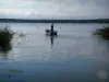 Seen des Waldes Orient - See Temple mit Schilfen (Wasserpflanzen) und ein Fischer auf einem Boot, Wald im Hintergrund (Regionaler Naturpark des Waldes Orient)